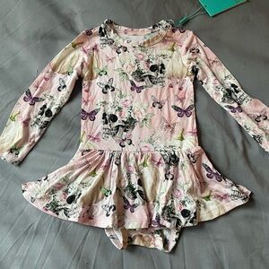 Posh Peanut Pink Floral & Skull Butterfly Skirted Bodysuit